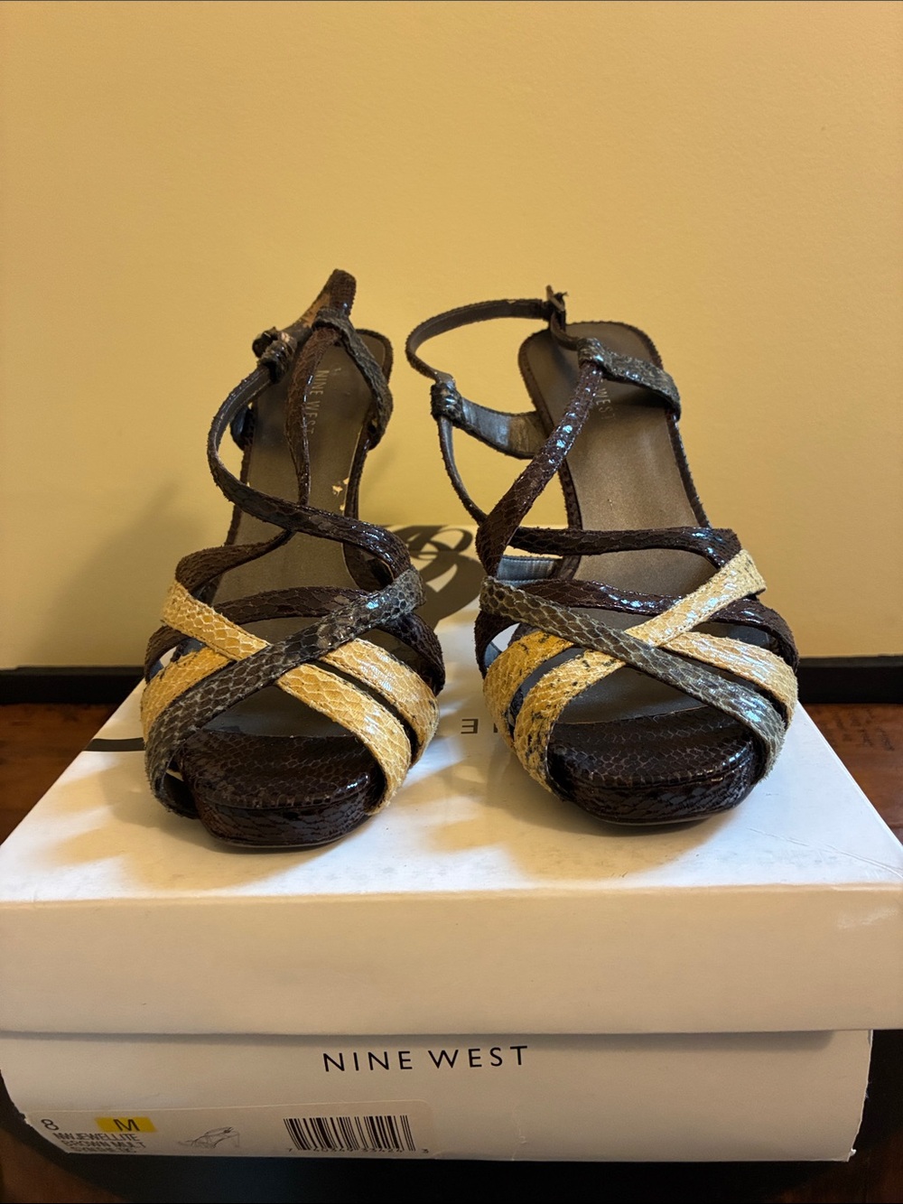 Nine West Brown and Yellow Strappy Platform Sandals